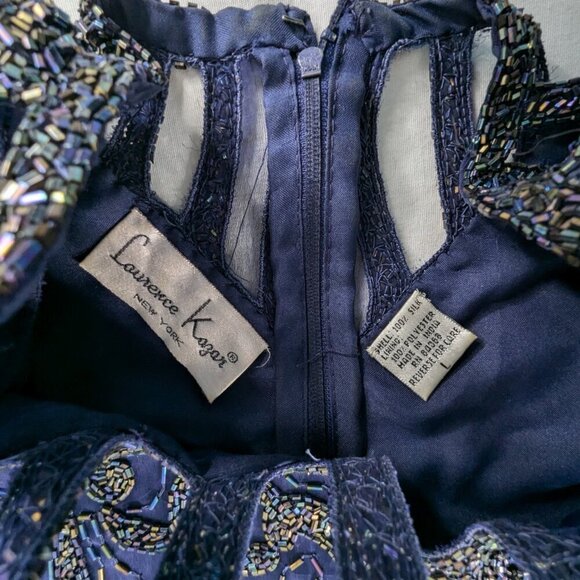 VTG Blue Silver Silk Beaded Short Sleeve Detailed Neckline Formal Evening Dress - Picture 7 of 7